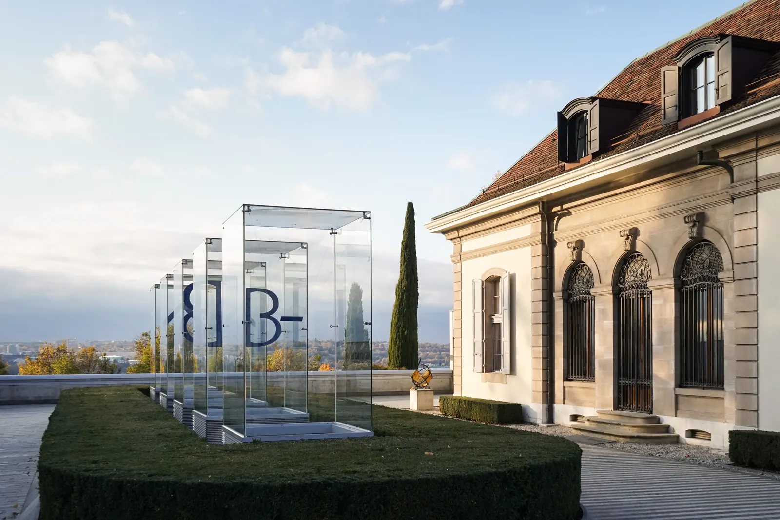 Forecourt of the Fondation Martin Bodmer in Cologny, Geneva, overlooking Lake Geneva